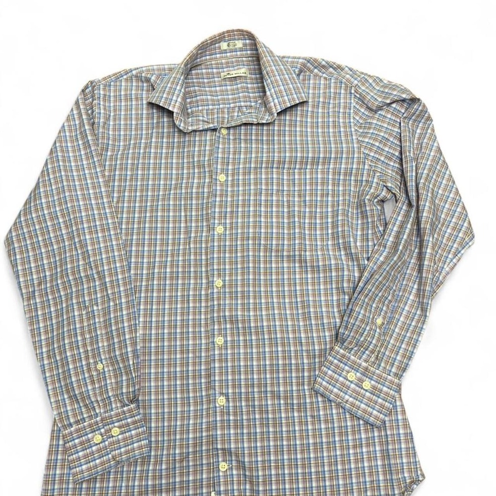 Peter Millar blue and white plaid long sleeve button-up shirt'